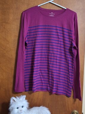 Talbots Magenta Long Sleeve Tee with Navy Stripes